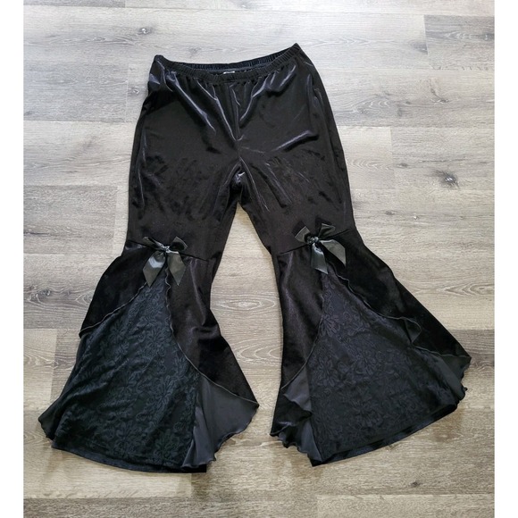 SHEIN Pants - Black Stretch Velvet Lace Bow Whimsigoth Fairygrunge Pull On Wide Leg Pants 2X